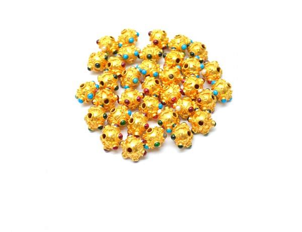 18K Solid Yellow Gold Roundel Shape 8x10 mm Bead With Stone Studded, SGTAN-0656, Sold By 1 Pcs.