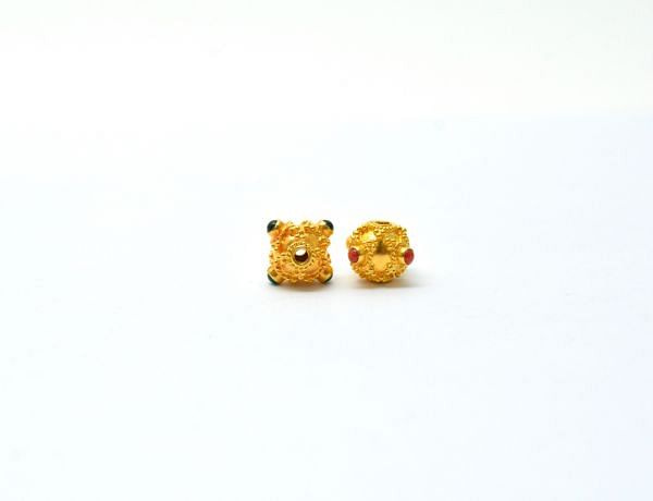 18K Solid Yellow Gold Roundel Shape 8X9x11mm Bead With Stone Studded, SGTAN-0657, Sold By 1 Pcs.