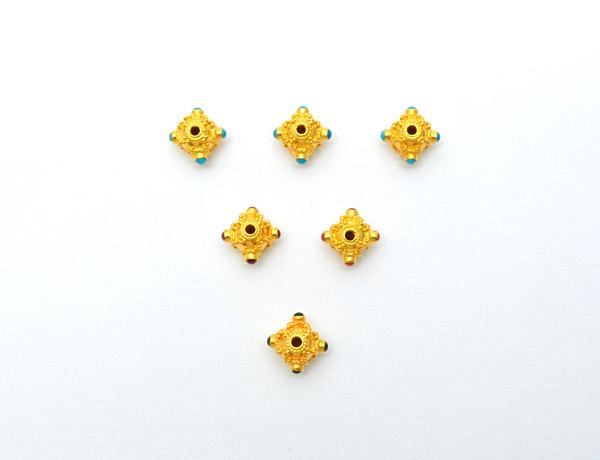 18K Solid Yellow Gold Roundel Shape 8X9x11mm Bead With Stone Studded, SGTAN-0657, Sold By 1 Pcs.