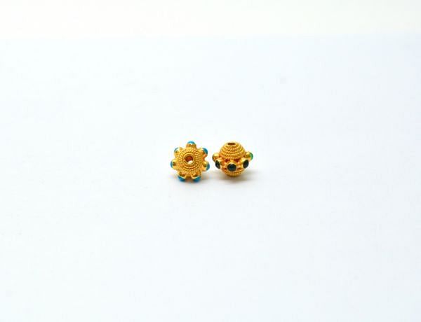 18K Solid Yellow Gold Roundel Shape 9X10 mm Bead With Stone Studded, SGTAN-0658, Sold By 1 Pcs.