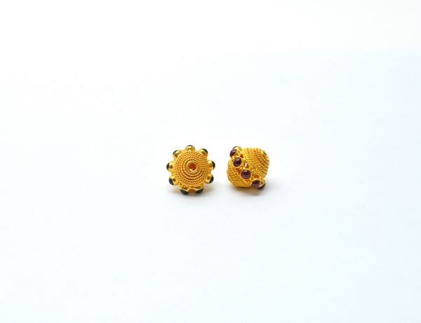 18K Solid Yellow Gold Roundel Shape 13X11mm Bead With Stone Studded, SGTAN-0661, Sold By 1 Pcs.