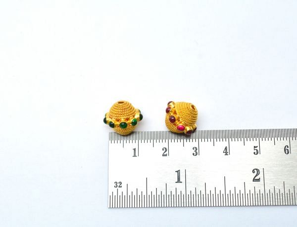 18K Solid Yellow Gold Roundel Shape 13X11mm Bead With Stone Studded, SGTAN-0661, Sold By 1 Pcs.
