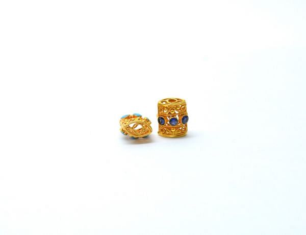 18K Solid Yellow Gold Handmade Roundel Shape 12X7 mm Bead With Stone Studded, SGTAN-0662, Sold By 1 Pcs.