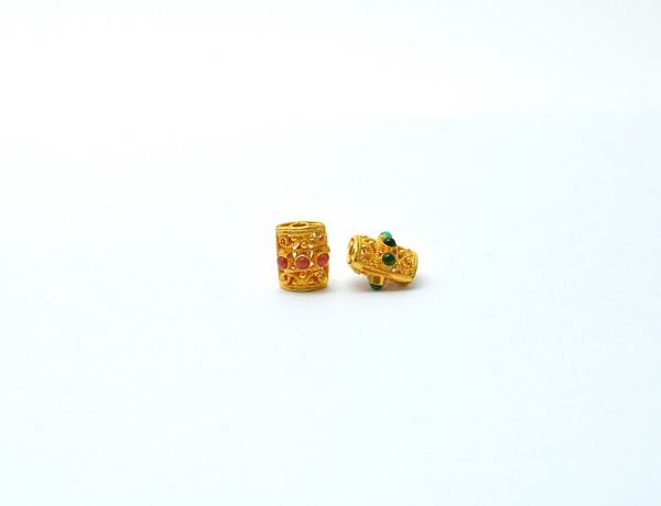 18K Solid Yellow Gold Handmade Drum Shape 8X11 mm Bead With Stone Studded, SGTAN-0663, Sold By 1 Pcs.