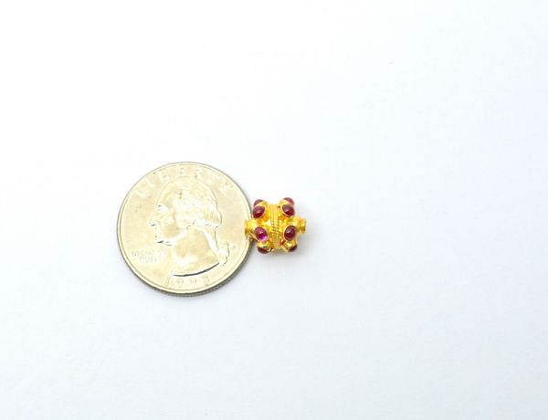18K Solid Yellow Gold Handmade Drum Shape 11X9mm Bead With Stone Studded, SGTAN-0664, Sold By 1 Pcs.