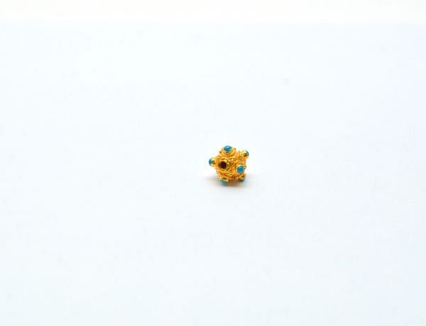 18K Solid Yellow Gold Handmade Roundel Shape 8X8 mm Bead With Stone Studded, SGTAN-0673, Sold By 1 Pcs.