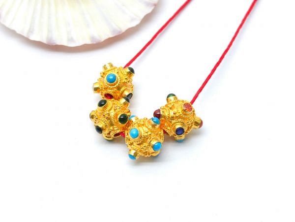 18K Solid Yellow Gold Handmade Fancy Shape 9X9mm Bead With Stone Studded, SGTAN-0675, Sold By 1 Pcs.