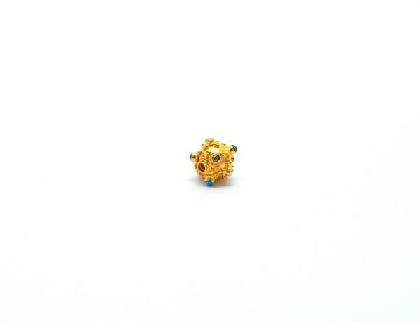 18K Solid Yellow Gold Roundel Shape 10X11 mm Bead With Stone Studded, SGTAN-0676, Sold By 1 Pcs.