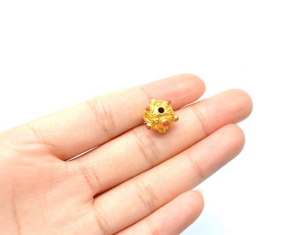 18K Solid Yellow Gold Roundel Shape 10X11 mm Bead With Stone Studded, SGTAN-0676, Sold By 1 Pcs.