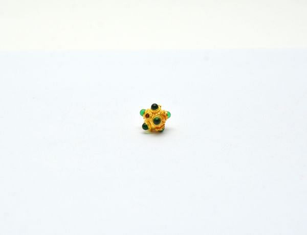 18K Solid Yellow Gold Handmade Roundel Shape 9x10mm Bead With Stone Studded, SGTAN-0677, Sold By 1 Pcs.