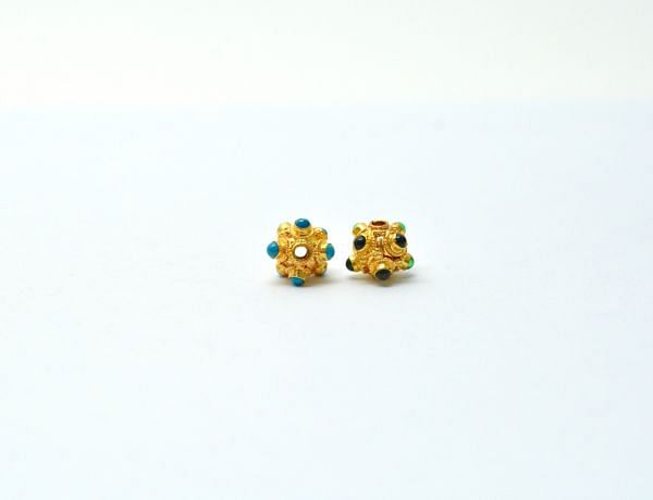 18K Solid Yellow Gold Roundel Shape 9X8,5 mm Bead With Stone Studded, SGTAN-0679, Sold By 1 Pcs.