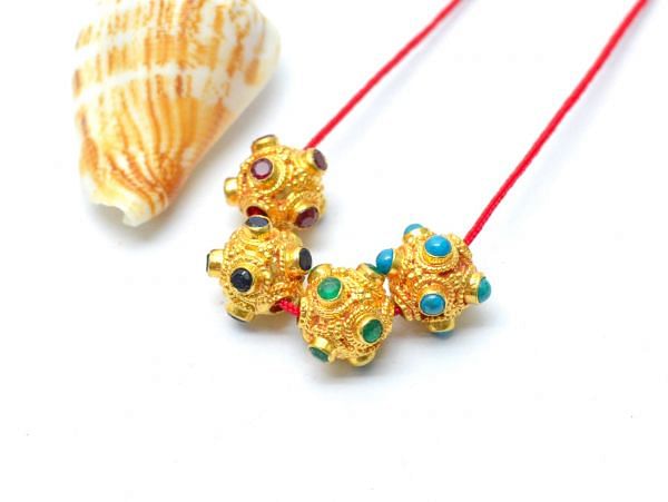 18K Solid Yellow Gold Fancy Roundel Shape 8X8 mm Bead With Stone Studded, SGTAN-0678, Sold By 1 Pcs.