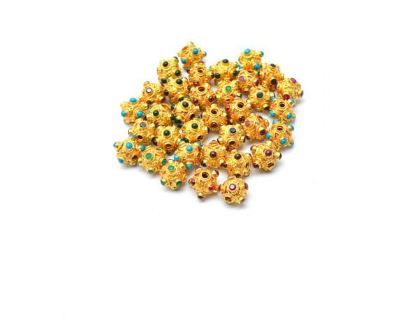 18K Solid Yellow Gold Roundel Shape 9X8,5 mm Bead With Stone Studded, SGTAN-0679, Sold By 1 Pcs.