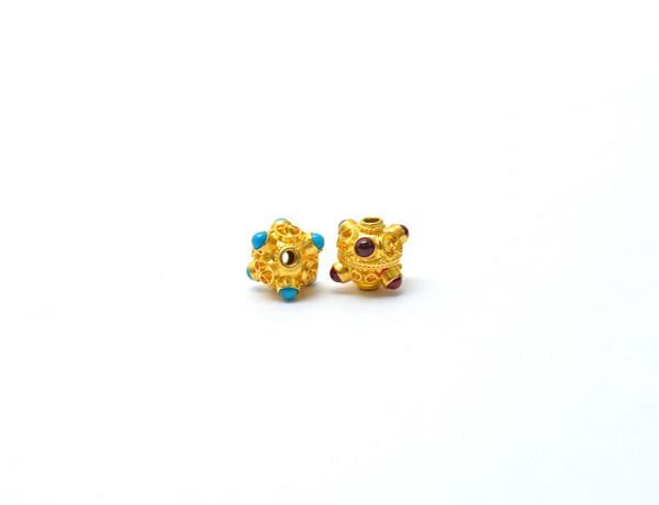 18K Solid Yellow Gold  Roundel Shape 9X8 mm Handmade Bead With Stone Studded,  SGTAN-0681, Sold By 1 Pcs.