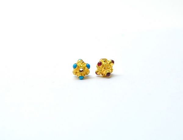 18K Solid Yellow Gold Fancy Handmade Roundel Shape 8X7 mm Bead With Stone Studded, SGTAN-0683, Sold By 1 Pcs.