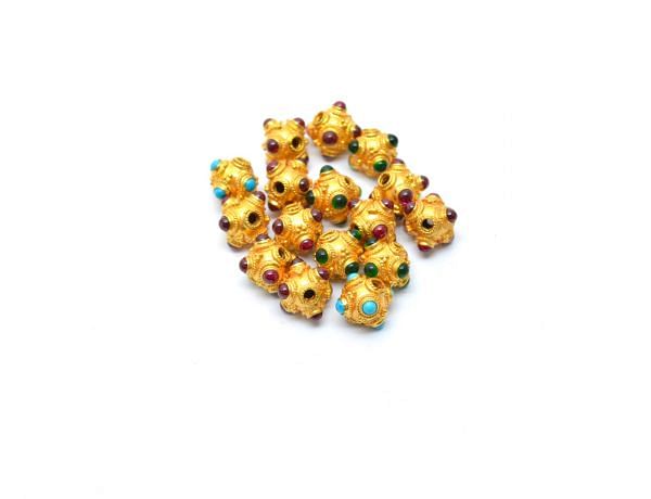 18K Solid Yellow Gold Fancy Roundel Shape 8X8 mm Bead With Stone Studded, SGTAN-0684, Sold By 1 Pcs.