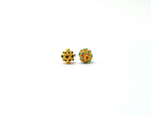 18K Solid Yellow Gold Roundel Shape 10x10mm Bead With Stone Studded, SGTAN-0685, Sold By 1 Pcs.
