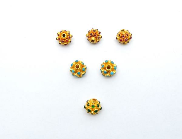 18K Solid Yellow Gold Roundel Shape 10x10mm Bead With Stone Studded, SGTAN-0685, Sold By 1 Pcs.
