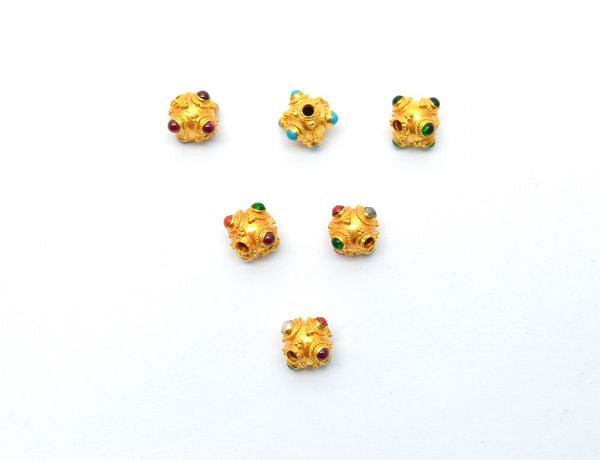 18K Solid Yellow Gold Fancy Roundel Shape 9X9mm Bead With Stone Studded, SGTAN-0689, Sold By 1 Pcs.