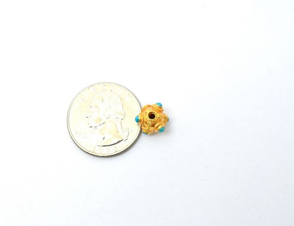 18K Solid Yellow Gold Fancy Roundel Shape 9X9mm Bead With Stone Studded, SGTAN-0689, Sold By 1 Pcs.