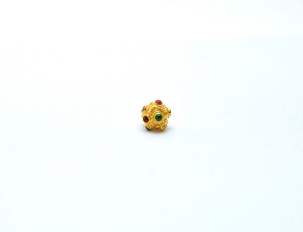 18K Solid Yellow Gold Roundel Shape 9X10 mm Handmade Bead With Stone Studded, SGTAN-0690, Sold By 1 Pcs.