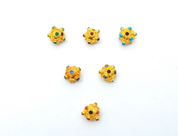 18K Solid Yellow Gold Roundel Shape 9X10 mm Handmade Bead With Stone Studded, SGTAN-0690, Sold By 1 Pcs.