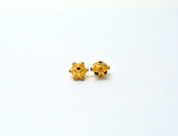 18K Solid Yellow Gold Fancy Roundel Shape 9X10 mm Handmade Bead With Stone Studded, SGTAN-0693, Sold By 1 Pcs.