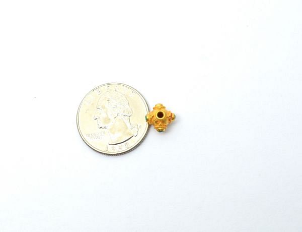 18K Solid Yellow Gold Handmade Fancy Shape 8X8 mm Bead With Stone Studded, SGTAN-0694, Sold By 1 Pcs.