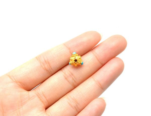 18K Solid Yellow Gold Handmade Fancy  Shape 8X8,50mm Bead With Stone Studded, SGTAN-0697, Sold By 1 Pcs.