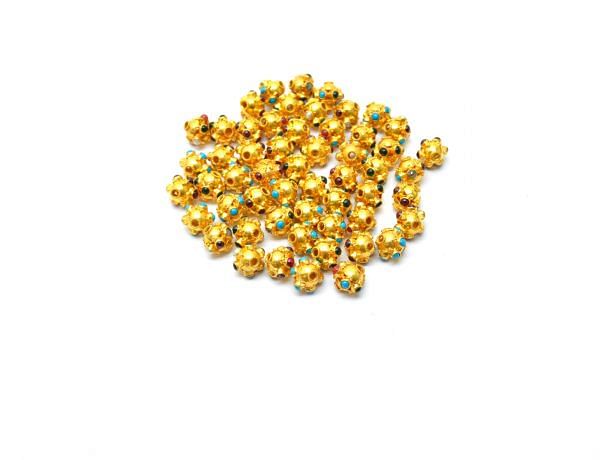 18K Solid Yellow Gold Oval Shape 9X9 mm Bead With Stone Studded, SGTAN-0699, Sold By 1 Pcs.