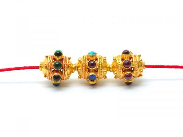 18K Solid Gold Oval Shape Beads Studded With Hydro Emerald , Hydro Ruby-  SGTAN-0710, Sold By 1 Pcs.