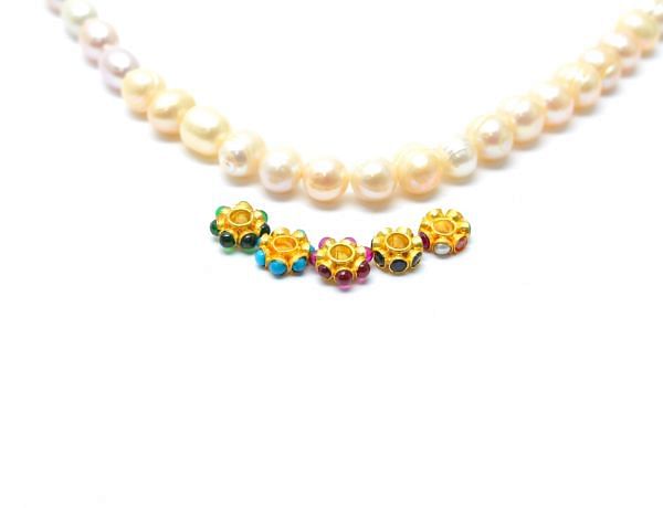 18K Solid  Yellow Gold Beads Studded With Hydro Emerald and Ruby Stone- SGTAN-0723, Sold By 1 Pcs.