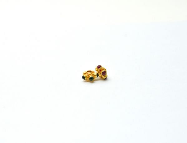 Handmade 18K Solid  Yellow Gold Beads  With  Hydro Emerald and Ruby Stone , 8X5mm  - SGTAN-0730, Sold By 1 Pcs.