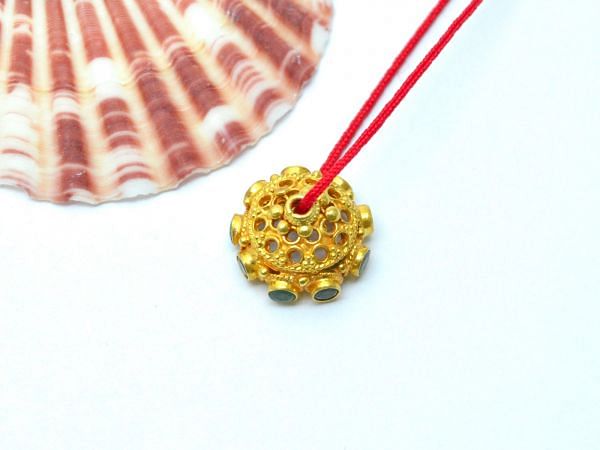  18K Solid  Yellow Gold Beads With  Emerald and Ruby Stone  - SGTAN-0737, Sold By 1 Pcs.