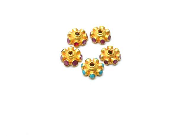  18K Solid  Yellow Gold Beads Studded With Emerald Stone , 12X5mm Size   - SGTAN-0746, Sold By 1 Pcs.