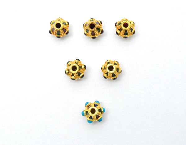 Handcrafted 18k Solid Yellow Gold Fancy Round Beads Studded With Hydro Stones. Beautiful 9x8.5mm Round Beads in 18k Solid Gold, SGTAN-1041, Sold By 1 pcs
