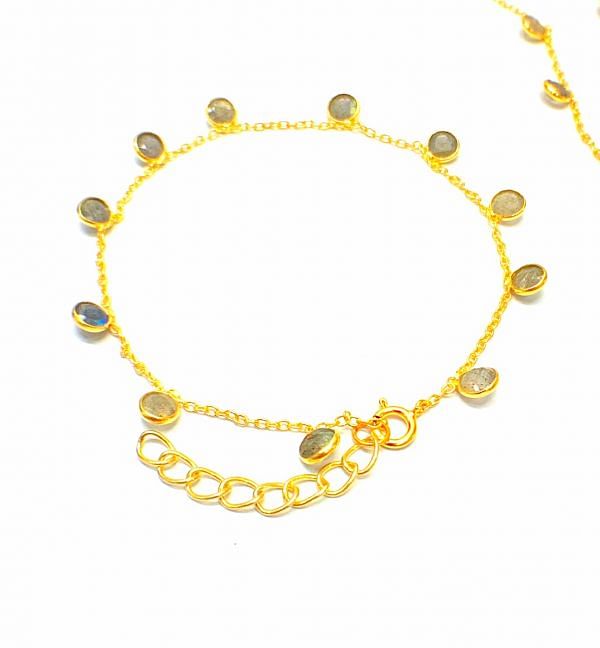 Amazing 925 Sterling Gold Bracelet Studded With Labradorite, 17cm+3cm - 4mm Size