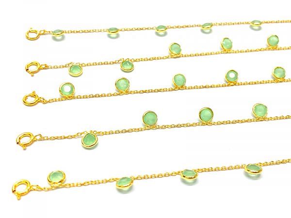 Beautiful 925 Sterling Gold Bracelet With Light Green chalcedony, 4mm - 17cm+3cm Gold Bracelet