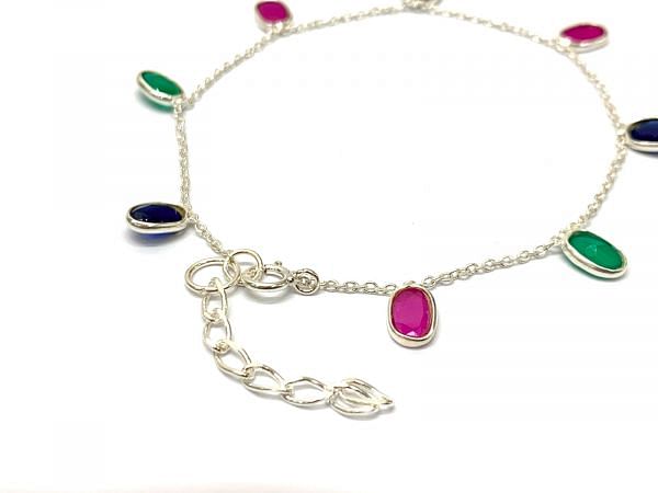 Beautiful 925 Sterling Silver Bracelet With Ruby Emerald Sapphire in 4mm Size - 17cm+3cm Silver Bracelet 