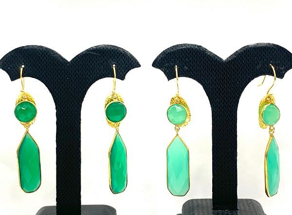 Handmade 925 Sterling Silver Earring Studded With White Quartz and Green Onyx - 5.7Cm Size