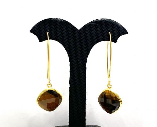   925 Sterling Silver Earring With Black Spinel and Tiger Eye - 5.5cm, Sold By 1Pair 