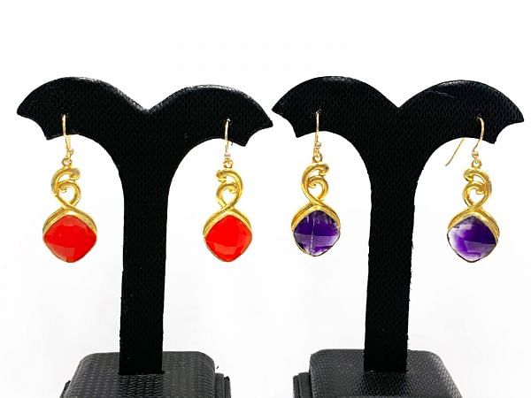  Beautiful Handmade 925 Sterling Silver Earring Studded  With Natural Crystals,Spinel,Ruby,Chalcedony, 4cm Size