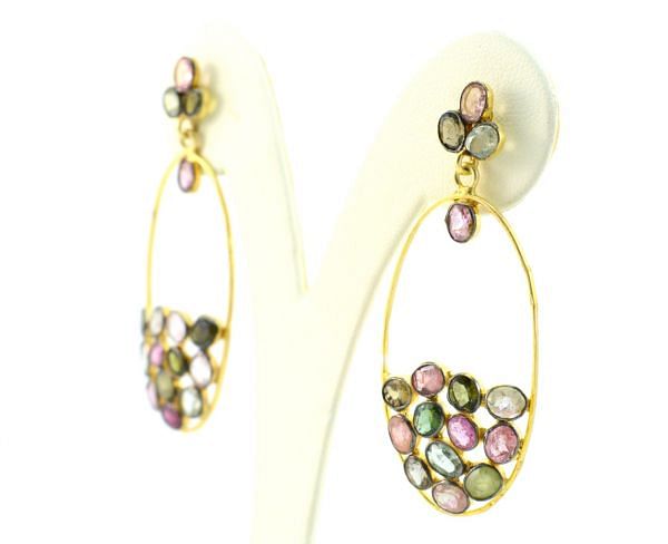 Beautiful 925 Sterling  Silver Earring Studded With Multi Tourmaline, Chandelier, Natural Tourmaline - 5.6cm