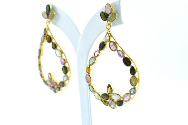 925 Sterling Earring Silver Earring in Multi Tourmaline,Chandelier, Natural Tourmaline With 6.3cm Size