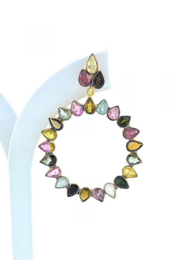 Beautiful 925 Sterling Earring Silver in Multi Tourmaline and Natural Tourmaline - 4.3 Cm Size