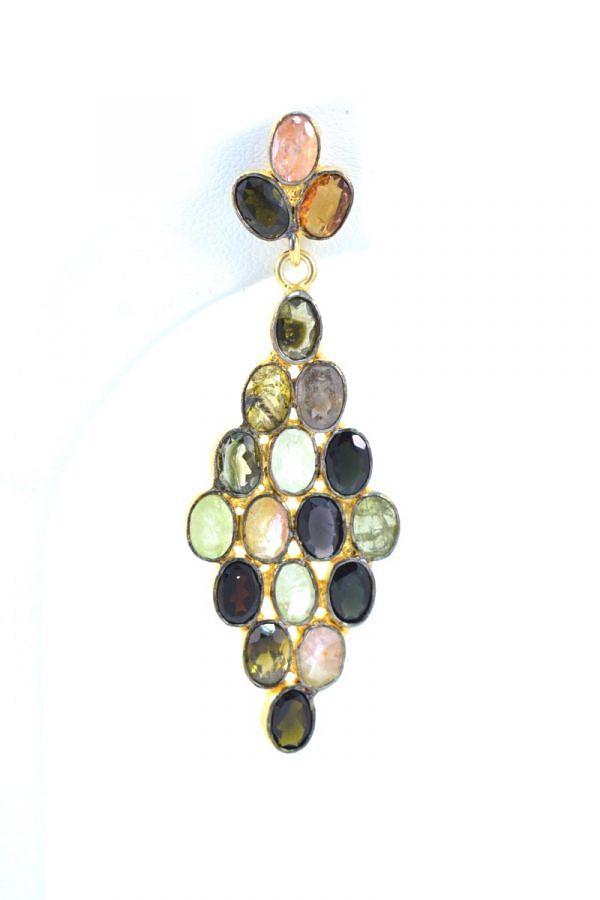   925 Sterling Silver Earring Studded With Bi Colour Tourmaline - 5.2cm Size, Sold By 1Pair 