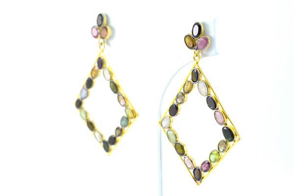 925 Sterling Silver Earring Studded WIth Multi Tourmaline,Chandelier, Natural Tourmaline - 5.5cm Size 