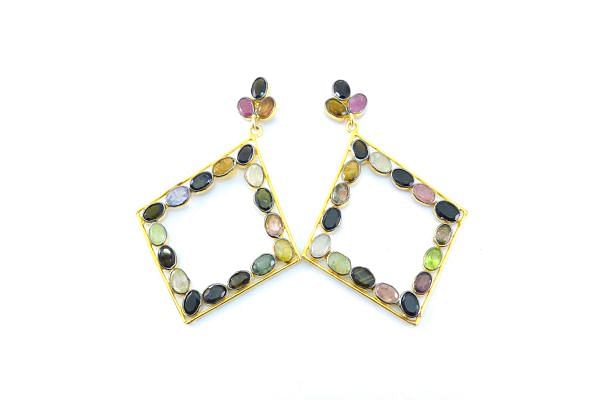 925 Sterling Silver Earring Studded WIth Multi Tourmaline,Chandelier, Natural Tourmaline - 5.5cm Size 