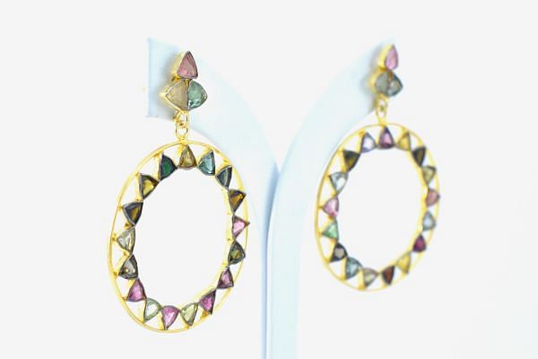 Beautiful 925 Sterling Earring Silver With Multi Tourmaline in 4.5cm - Natural Tourmaline