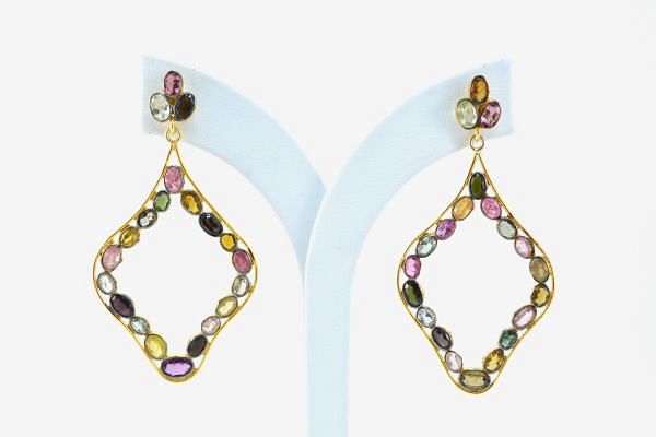  Fine  925 Sterling Earrings Silver Studded With Bi Colour Tourmaline in 5.3cm size 